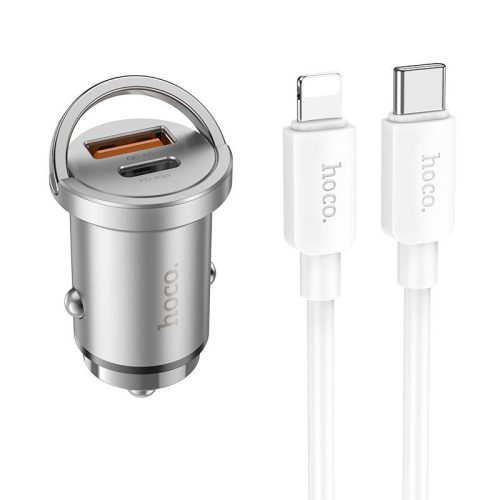 Szivartöltő fej, autós töltő, USB + USB-C (Type-C) port + iPhone 8pin, lightning töltőkábel, adatkábel, gyorstöltő, mini, QC 18W + PD 45W, ezüst, Hoco NZ10