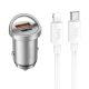 Szivartöltő fej, autós töltő, USB + USB-C (Type-C) port + iPhone 8pin, lightning töltőkábel, adatkábel, gyorstöltő, mini, QC 18W + PD 45W, ezüst, Hoco NZ10