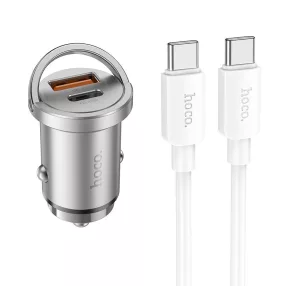   Szivartöltő fej, autós töltő, USB + USB-C (Type-C) port + USB-C-USB-C (Type-C) adatkábel, töltőkábel, gyorstöltő, mini, QC 18W + PD 45W, ezüst, Hoco NZ10