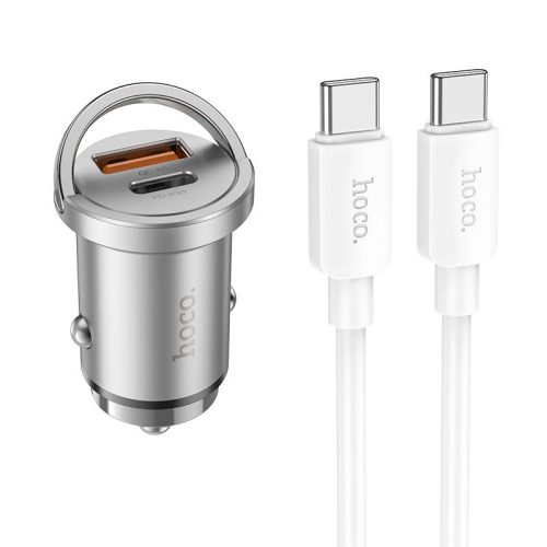 Szivartöltő fej, autós töltő, USB + USB-C (Type-C) port + USB-C-USB-C (Type-C) adatkábel, töltőkábel, gyorstöltő, mini, QC 18W + PD 45W, ezüst, Hoco NZ10