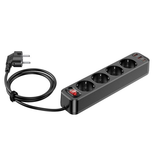 Hálózati hosszabbító, elosztó, 4 csatlakozó, 2x USB QC3.0 18W + USB-C PD 20W port, fekete, 1.8m, Hoco NS1