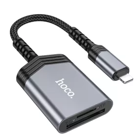   Adapter, memóriakártya olvasó, OTG, SD, MicroSD -> iPhone 8pin, lightning, szürke, Hoco UA25