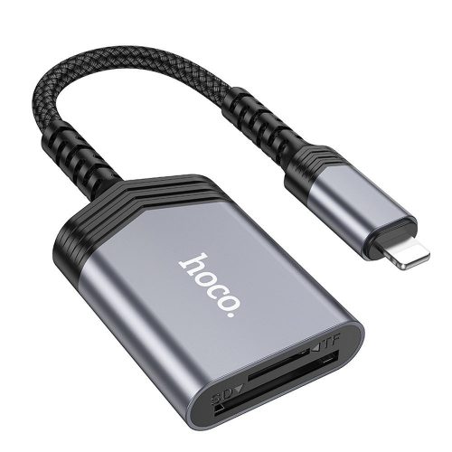 Adapter, memóriakártya olvasó, OTG, SD, MicroSD -> iPhone 8pin, lightning, szürke, Hoco UA25