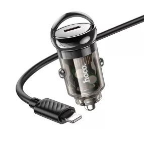   Szivartöltő fej, autós töltő, USB-C (Type-C) port + iPhone 8pin, lightning töltőkábel, adatkábel, gyorstöltő, PD 30W, fekete, Hoco Z53