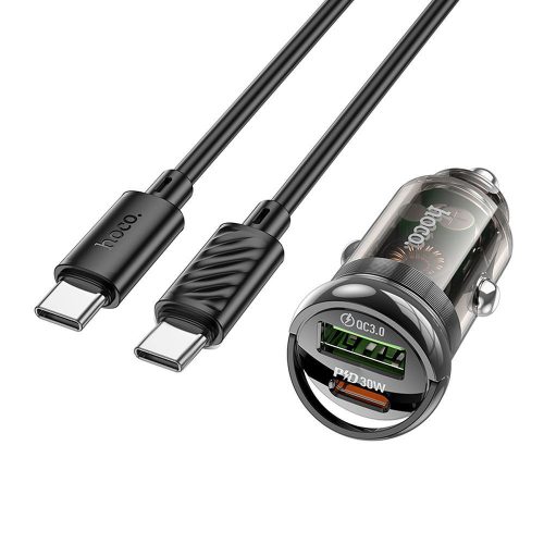 Szivartöltő fej, autós töltő, USB + USB-C (Type-C) port + USB-C-USB-C (Type-C) adatkábel, töltőkábel, gyorstöltő, QC 18W + PD 30W, fekete, Hoco Z53A