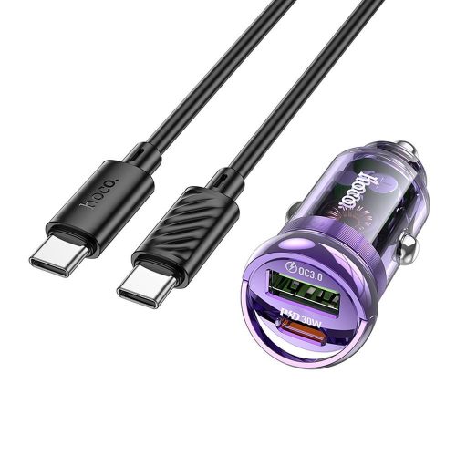 Szivartöltő fej, autós töltő, USB + USB-C (Type-C) port + USB-C-USB-C (Type-C) adatkábel, töltőkábel, gyorstöltő, QC 18W + PD 30W, lila, Hoco Z53A