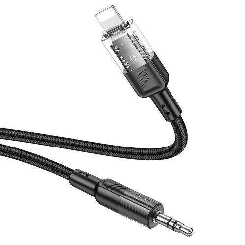 Audio kábel, aux kábel, iPhone 8pin, lightning - jack 3,5mm, szövet bevonat, fekete, 1.2m, Hoco UPA27