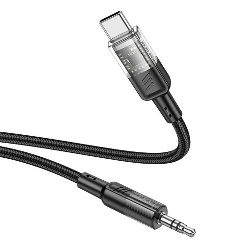 Audio kábel, aux kábel, Type-C - jack 3,5mm, szövet bevonat, fekete, 1.2m, Hoco UPA27