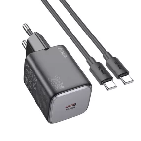   Hálózati töltőfej, adapter USB-C (Type-C) port + USB-C - USB-C adatkábel, töltőkábel, gyorstöltő, PD QC 3A 20W 1m, fekete Hoco N40