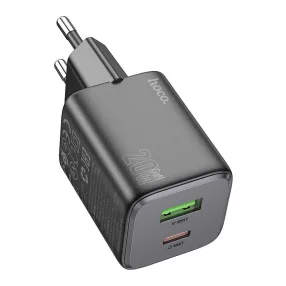   Hálózati töltőfej, adapter, gyorstöltő, USB-C + USB-A port, fekete, 20W, Hoco N41