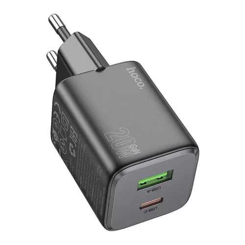 Hálózati töltőfej, adapter, gyorstöltő, USB-C + USB-A port, fekete, 20W, Hoco N41