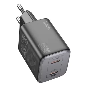   Hálózati töltőfej, adapter, 2x USB-C (Type-C) port, GaN gyorstöltő, PD 45W, fekete, Hoco N42