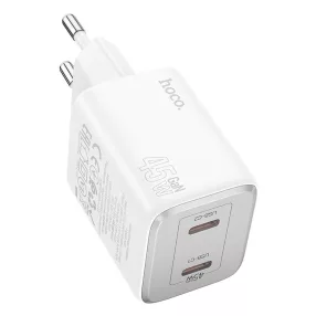   Hálózati töltőfej, adapter, 2x USB-C (Type-C) port, GaN gyorstöltő, PD 45W, fehér, Hoco N42