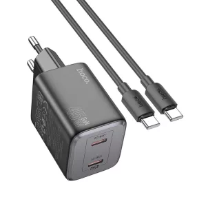   Hálózati töltőfej, adapter, 2x USB-C (Type-C) port + USB-C - USB-C adatkábel, töltőkábel, GaN gyorstöltő, PD 45W, fekete, Hoco N42