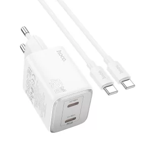   Hálózati töltőfej, adapter, 2x USB-C (Type-C) port + USB-C - USB-C adatkábel, töltőkábel, GaN gyorstöltő, PD 45W, fehér, Hoco N42