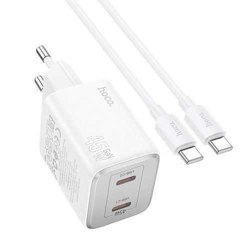 Hálózati töltőfej, adapter, 2x USB-C (Type-C) port + USB-C - USB-C adatkábel, töltőkábel, GaN gyorstöltő, PD 45W, fehér, Hoco N42