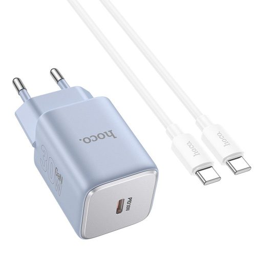 Hálózati töltőfej, adapter, USB-C (Type-C) port + USB-C - USB-C adatkábel, töltőkábel, GaN gyorstöltő, PD 30W, jégkék, Hoco N43