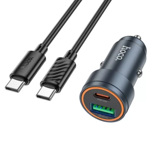 Hoco Z57A 30W PD + QC3.0 autós szivargyújtós gyorstöltő szett – dual USB-C + USB-A port, alumínium ház, 1m USB-C → USB-C kábel, szürke