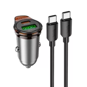   Hoco NZ16A 43W PD + QC3.0 autós gyorstöltő szett – USB-C + USB-A dual port, 1 m USB-C kábellel, fém szürke