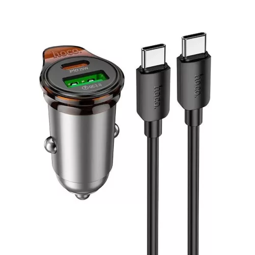 Hoco NZ16A 43W PD + QC3.0 autós gyorstöltő szett – USB-C + USB-A dual port, 1 m USB-C kábellel, fém szürke