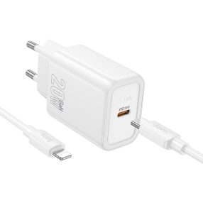   HOCO N60 iPhone gyorstöltő 20W PD hálózati adapter USB-C Lightning kábeles telefon töltő, fehér