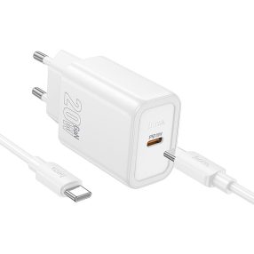   Hálózati töltőfej, adapter USB-C (Type-C) port + USB-C - USB-C adatkábel, töltőkábel, gyorstöltő, PD QC 3A 20W 1m, fehér, Hoco N60