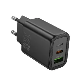   Hálózati töltőfej, adapter, gyorstöltő, USB-C + USB port, fekete, PD + QC 20W, Hoco N61