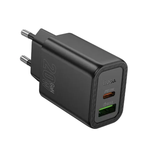 Hálózati töltőfej, adapter, gyorstöltő, USB-C + USB port, fekete, PD + QC 20W, Hoco N61