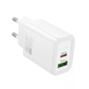   Hálózati töltőfej, adapter, gyorstöltő, USB-C + USB port, fehér, PD + QC 20W, Hoco N61
