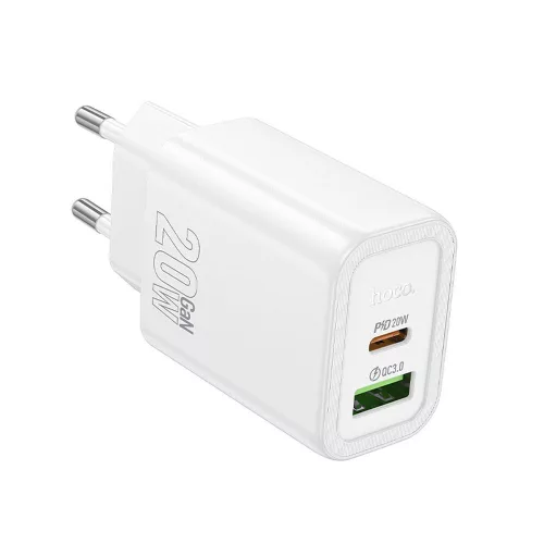 Hálózati töltőfej, adapter, gyorstöltő, USB-C + USB port, fehér, PD + QC 20W, Hoco N61