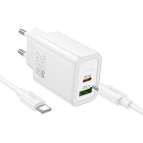   Hoco N61 20W PD + QC3.0 gyorstöltő szett – hálózati adapter USB-C és USB-A porttal + 1m USB-C → USB-C kábel, fehér