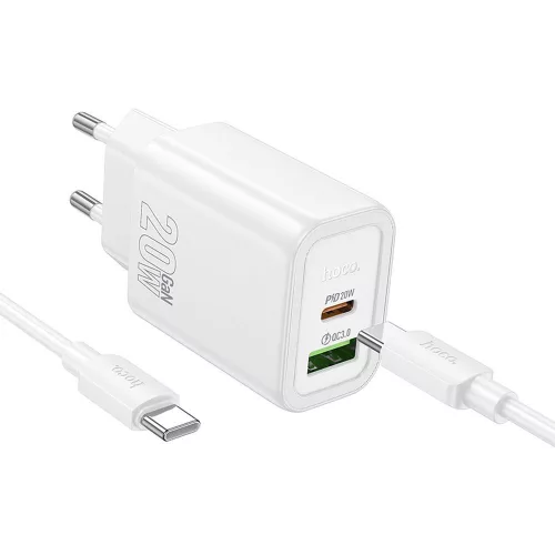 Hoco N61 20W PD + QC3.0 gyorstöltő szett – hálózati adapter USB-C és USB-A porttal + 1m USB-C → USB-C kábel, fehér
