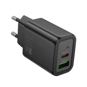   Hálózati töltőfej, adapter, gyorstöltő, USB-C + USB port, fekete, 30W, Hoco N63