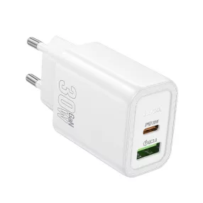   Hálózati töltőfej, adapter, gyorstöltő, USB-C + USB port, fehér, 30W, Hoco N63