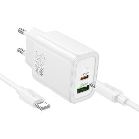   Hálózati töltőfej, adapter USB + USB-C (Type-C) port + USB-C - USB-C adatkábel, töltőkábel, 1m 3A 30W, fehér, Hoco N63