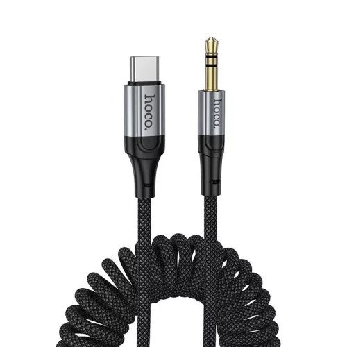 Audio kábel, aux kábel, USB-C - jack 3,5mm, rugalmas spirál, fekete, 1.5m, Hoco UPA33B