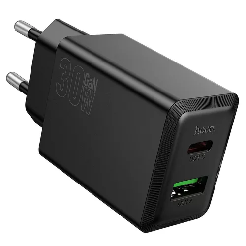 Hoco N71 hálózati töltőfej 30W – USB-C PD + USB-A QC3.0 gyorstöltő adapter, fekete