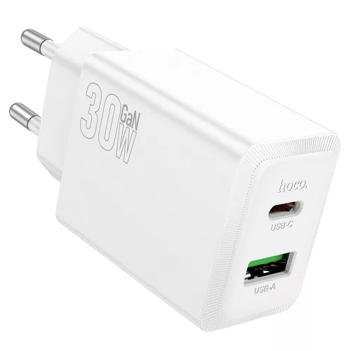 Hoco N71 hálózati töltőfej 30W – USB-C PD + USB-A QC3.0 gyorstöltő adapter, fehér