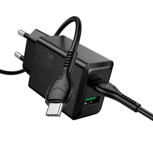 30W PD telefon gyorstöltő szett – USB-C + USB-A portos GaN hálózati adapter 1 m-es USB-C – USB-C kábellel, fekete – Hoco N71