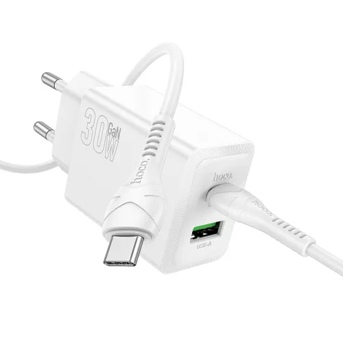 Hoco N71 30W PD + QC3.0 gyorstöltő szett – hálózati adapter USB-C és USB-A porttal + 1m USB-C → USB-C kábel, fehér