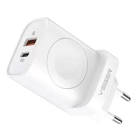   20W USB-C PD + USB-A QC3.0 gyorstöltő hálózati adapter telefon töltő Apple Watch vezeték nélküli töltővel, fehér, Veger W002E
