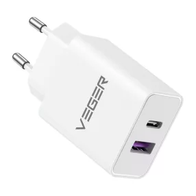   65W GaN USB-C PD + USB-A QC3.0 gyorstöltő hálózati adapter telefon töltő, fehér, Veger TCE650