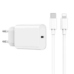   Hálózati töltőfej, adapter, USB-C (Type-C) port + USB-C - iPhone 8pin adatkábel, töltőkábel, 1m 3A 20W, fehér, WiWU Wi-U001