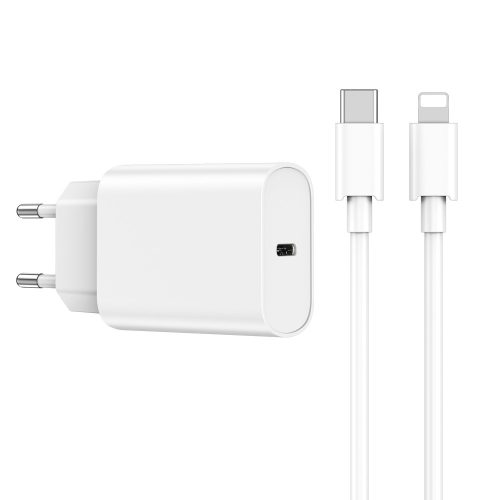 Hálózati töltőfej, adapter, USB-C (Type-C) port + USB-C - iPhone 8pin adatkábel, töltőkábel, 1m 3A 20W, fehér, WiWU Wi-U001