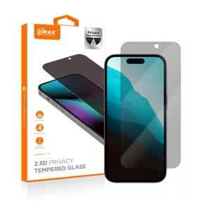   iPhone 15 üvegfólia, tempered glass, előlapi, edzett, hajlított, fekete kerettel, betekintés védelemmel, VMax