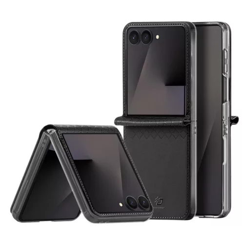 Samsung Galaxy Z Flip8 tok – zsanérvédős, kitámasztható fekete műbőr elő- és hátlaptok, Dux Ducis Bril