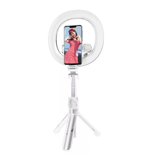 Selfie bot, tripod álvánnyal, asztali tartó, fénygyűrű, távirányítóval, bluetooth-os, vezeték nélküli, fehér