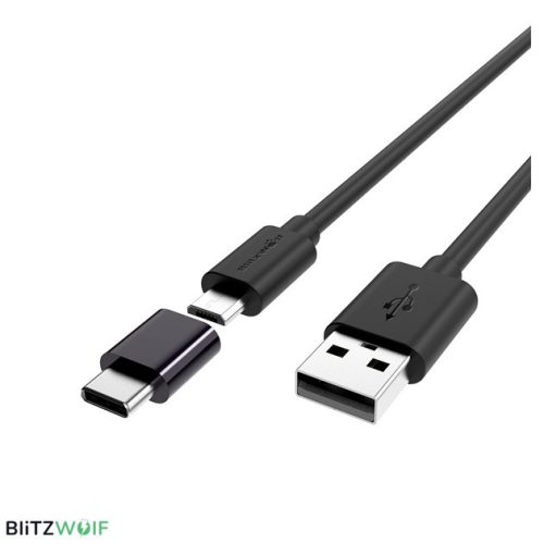 Micro USB adatkábel, töltőkábel, Type-C átalakító adapterrel, fekete, 1.5m 2A, Blitzwolf BW-MT1