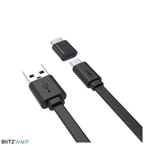 Micro USB adatkábel, töltőkábel, Type-C átalakító adapterrel, fekete, 1m 2A, Blitzwolf BW-MT2