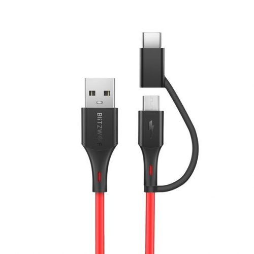 Micro USB adatkábel, töltőkábel, Type-C átalakító adapterrel, piros, 1.8m 3A, Blitzwolf BW-MT3